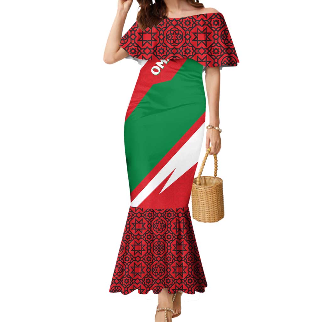 Oman Mermaid Dress with National Flag Colors and Falcon Soaring Graphic Design
