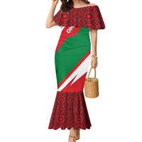 Oman Mermaid Dress with National Flag Colors and Falcon Soaring Graphic Design