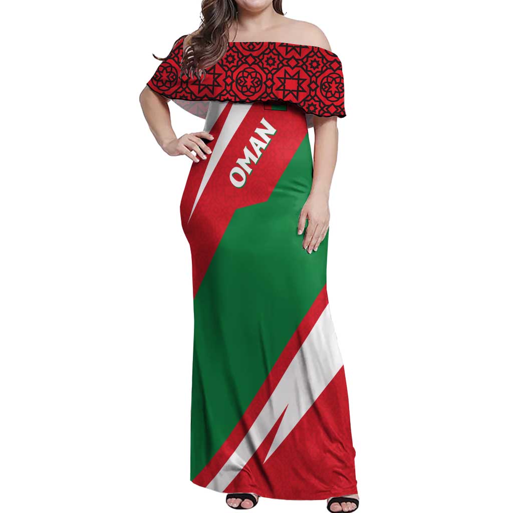 Oman Off Shoulder Maxi Dress with National Flag Colors and Falcon Soaring Graphic Design