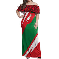 Oman Off Shoulder Maxi Dress with National Flag Colors and Falcon Soaring Graphic Design