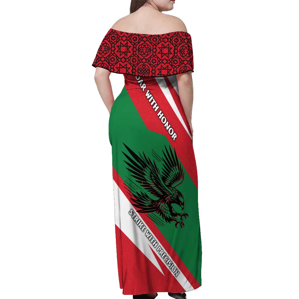 Oman Off Shoulder Maxi Dress with National Flag Colors and Falcon Soaring Graphic Design
