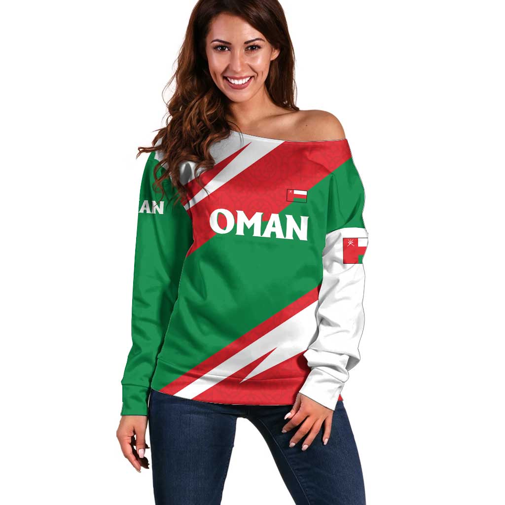 Oman Off Shoulder Sweater with National Flag Colors and Falcon Soaring Graphic Design