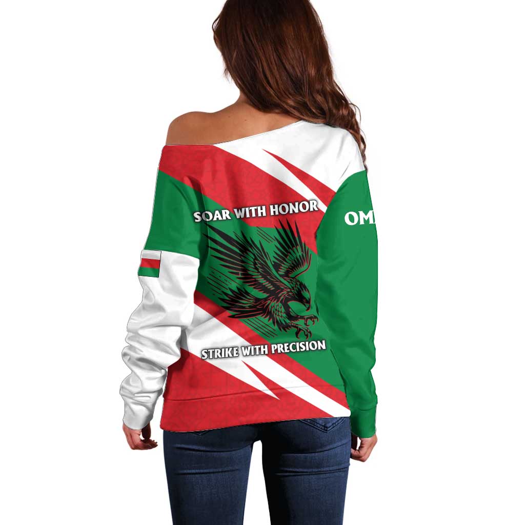 Oman Off Shoulder Sweater with National Flag Colors and Falcon Soaring Graphic Design