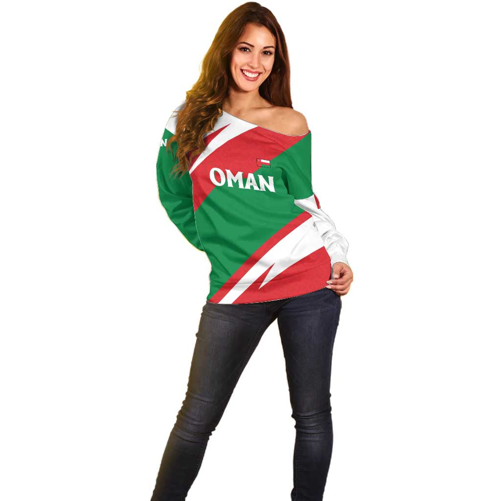 Oman Off Shoulder Sweater with National Flag Colors and Falcon Soaring Graphic Design