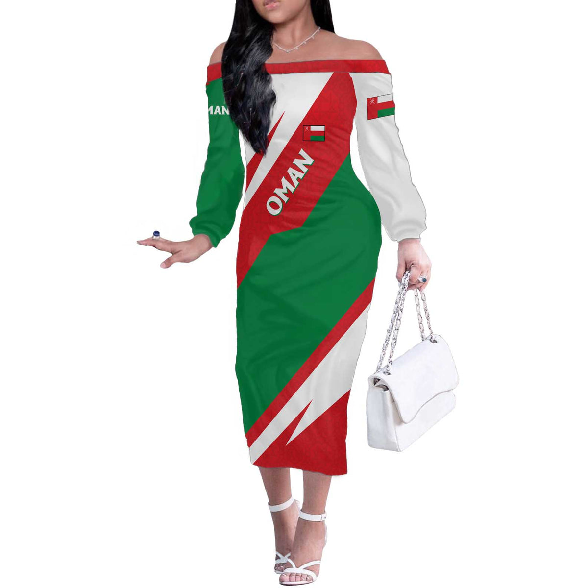 Oman Off The Shoulder Long Sleeve Dress with National Flag Colors and Falcon Soaring Graphic Design