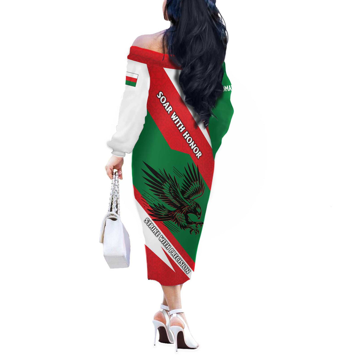 Oman Off The Shoulder Long Sleeve Dress with National Flag Colors and Falcon Soaring Graphic Design