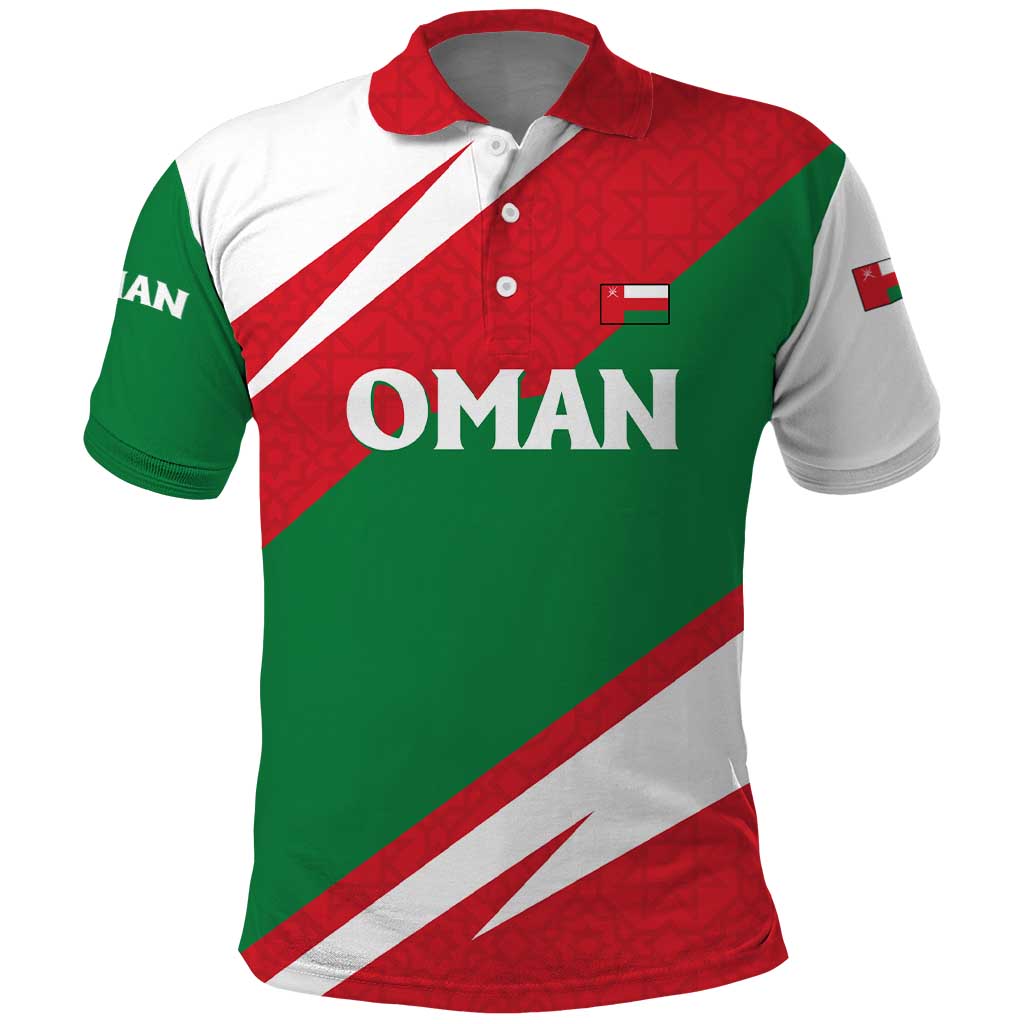 Oman Polo Shirt with National Flag Colors and Falcon Soaring Graphic Design