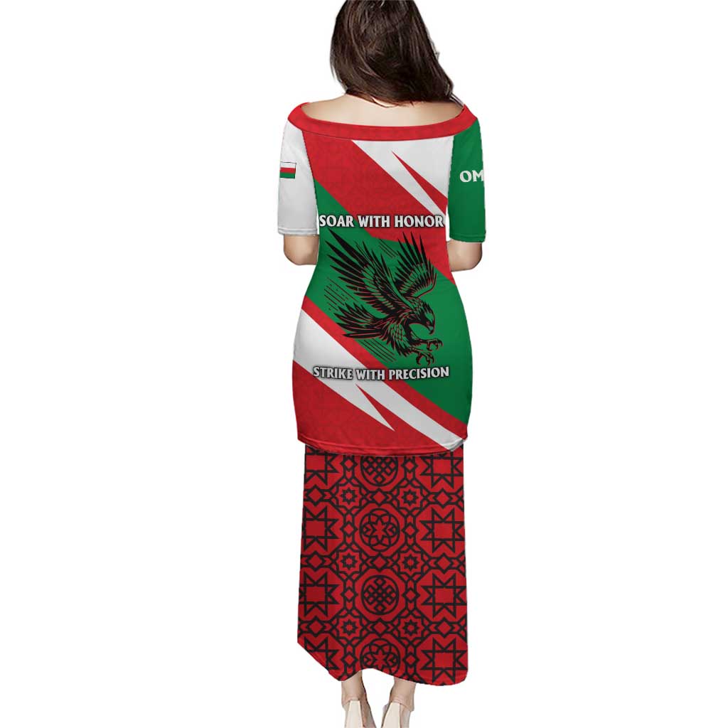 Oman Puletasi with National Flag Colors and Falcon Soaring Graphic Design