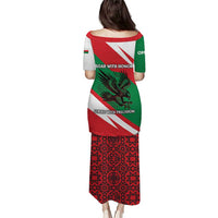 Oman Puletasi with National Flag Colors and Falcon Soaring Graphic Design
