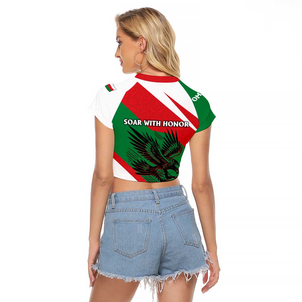 Oman Raglan Cropped T Shirt with National Flag Colors and Falcon Soaring Graphic Design