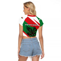 Oman Raglan Cropped T Shirt with National Flag Colors and Falcon Soaring Graphic Design