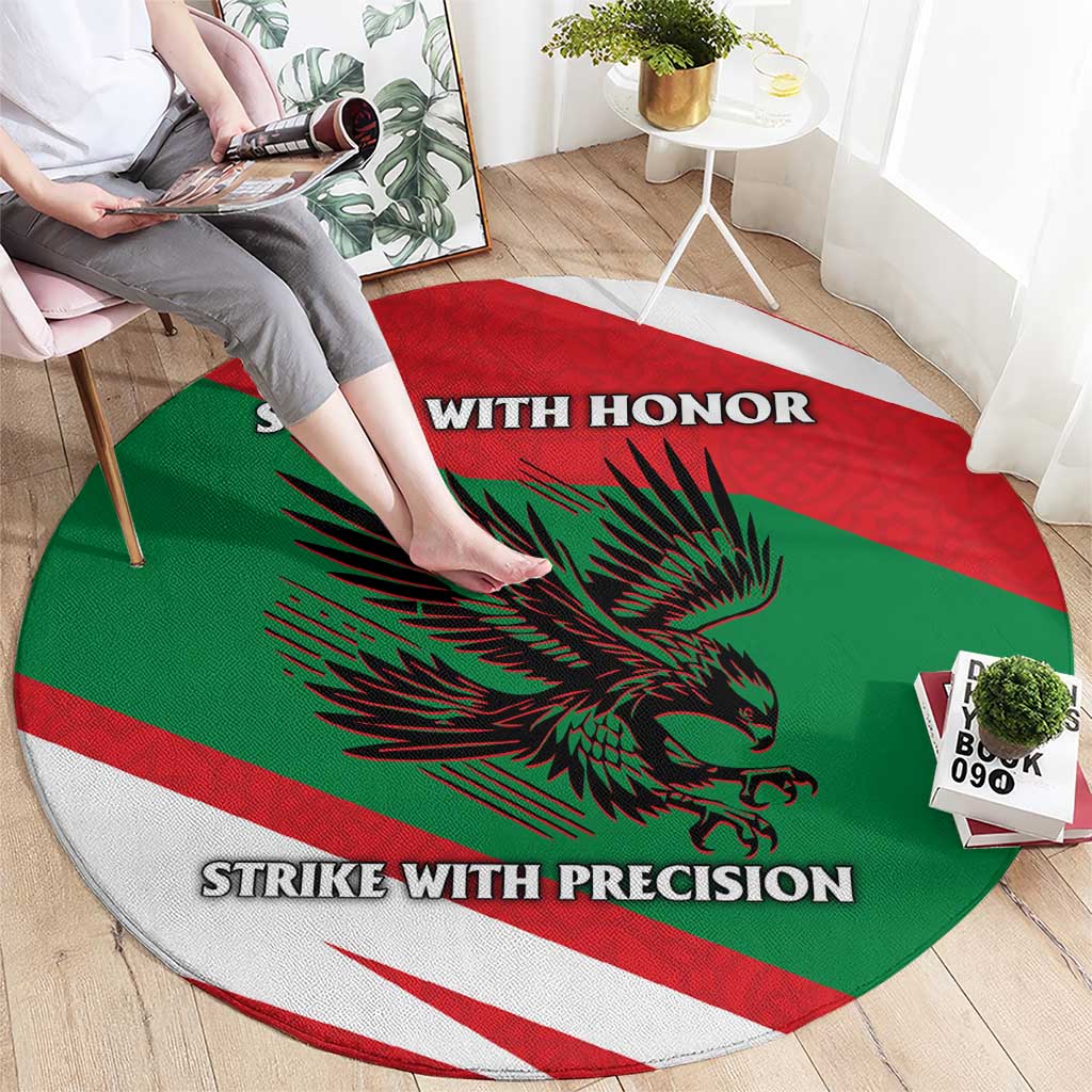 Oman Round Carpet with National Flag Colors and Falcon Soaring Graphic Design