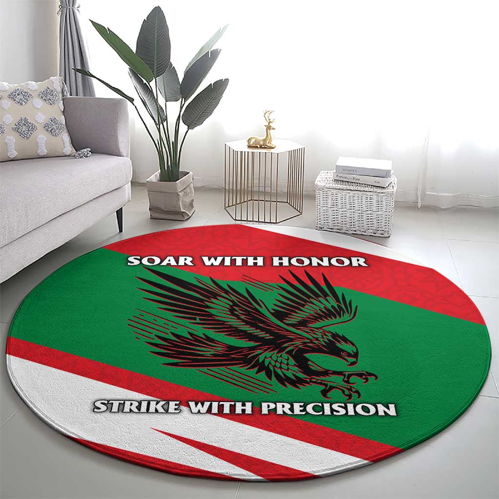 Oman Round Carpet with National Flag Colors and Falcon Soaring Graphic Design