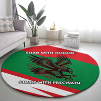 Oman Round Carpet with National Flag Colors and Falcon Soaring Graphic Design