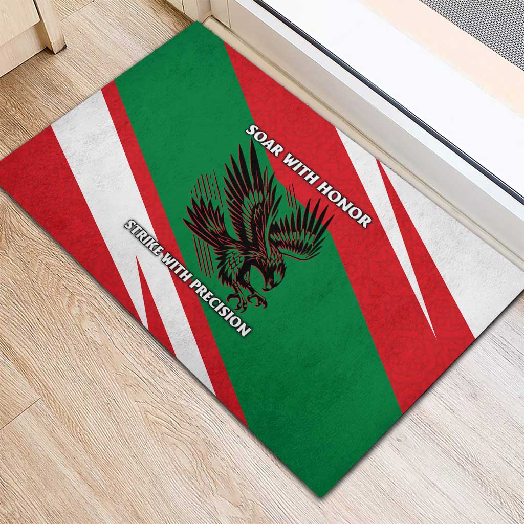 Oman Rubber Doormat with National Flag Colors and Falcon Soaring Graphic Design