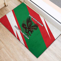 Oman Rubber Doormat with National Flag Colors and Falcon Soaring Graphic Design