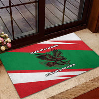 Oman Rubber Doormat with National Flag Colors and Falcon Soaring Graphic Design