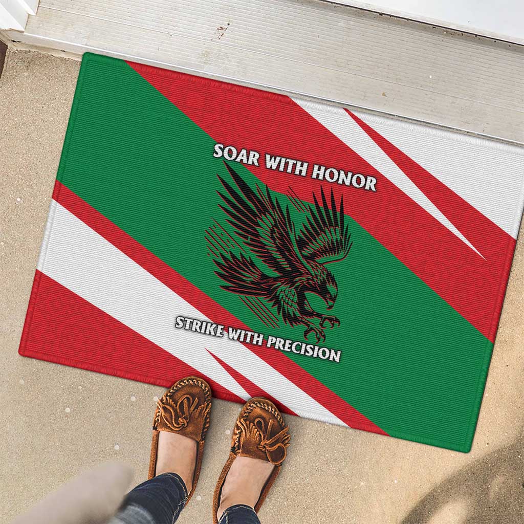 Oman Rubber Doormat with National Flag Colors and Falcon Soaring Graphic Design