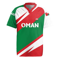 Oman Rugby Jersey with National Flag Colors and Falcon Soaring Graphic Design