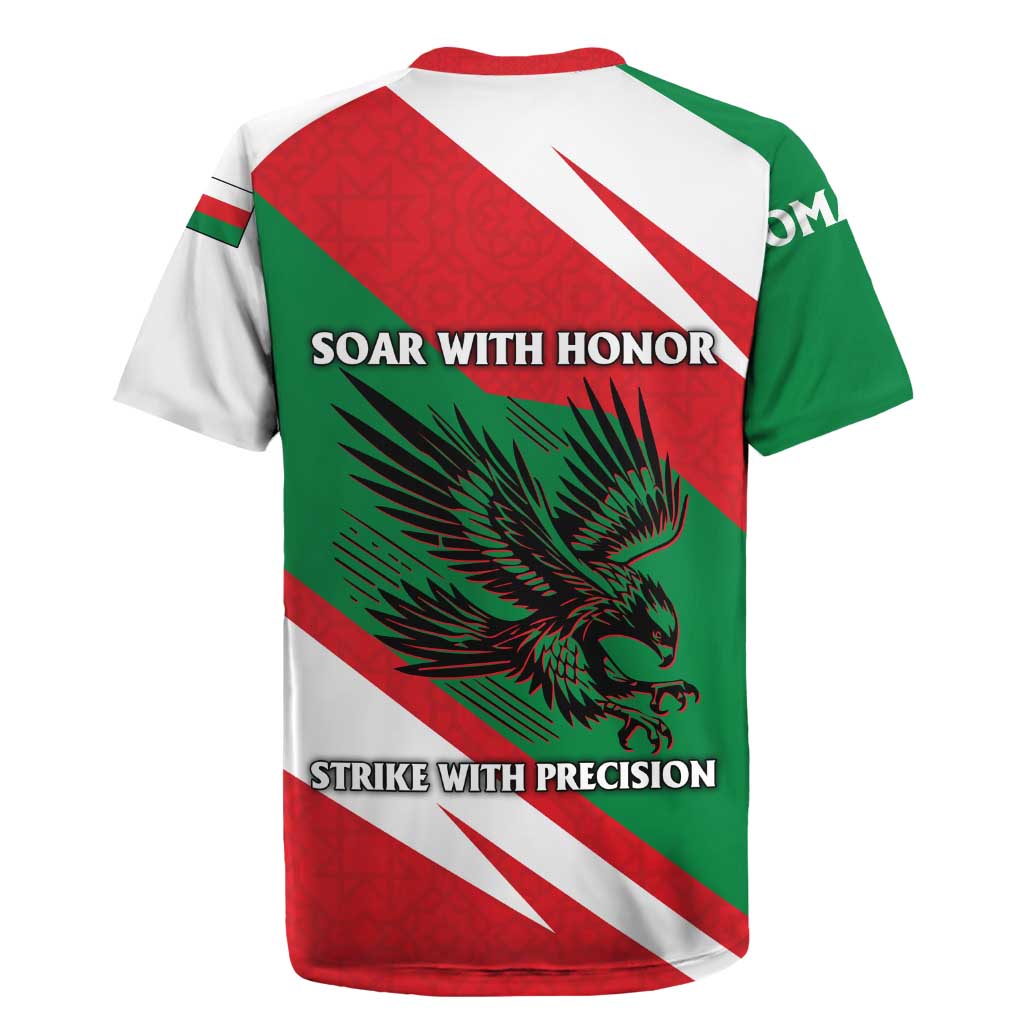 Oman Rugby Jersey with National Flag Colors and Falcon Soaring Graphic Design
