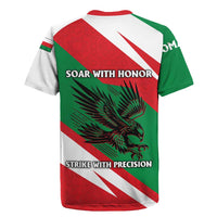 Oman Rugby Jersey with National Flag Colors and Falcon Soaring Graphic Design