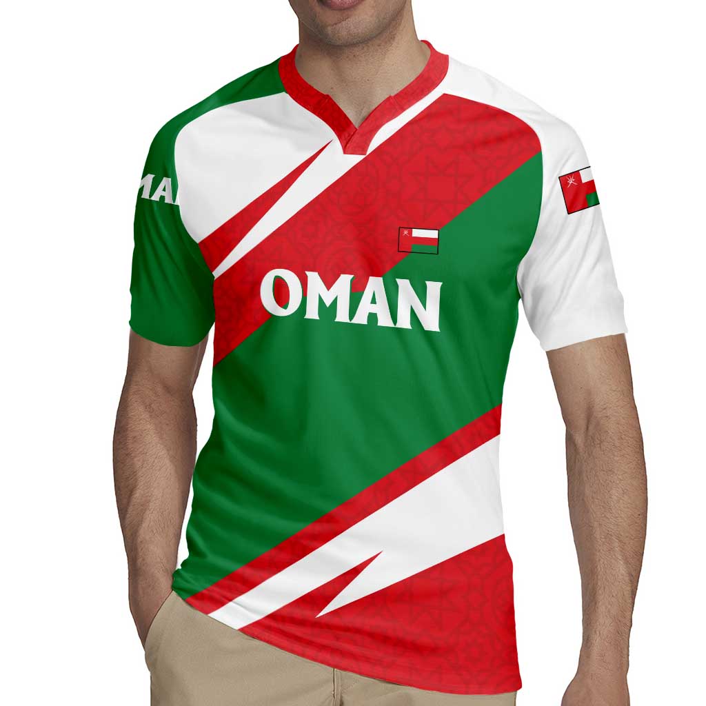 Oman Rugby Jersey with National Flag Colors and Falcon Soaring Graphic Design