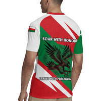 Oman Rugby Jersey with National Flag Colors and Falcon Soaring Graphic Design