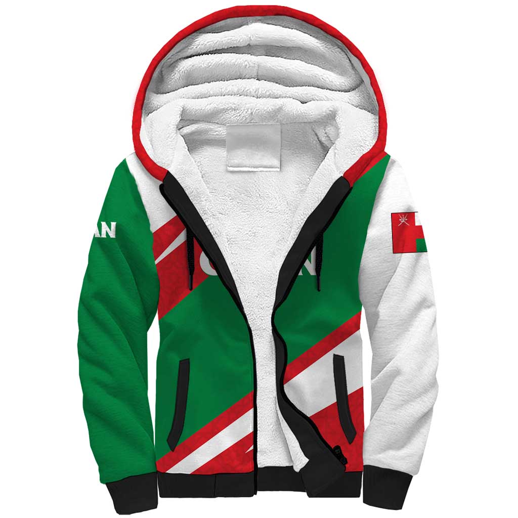 Oman Sherpa Hoodie with National Flag Colors and Falcon Soaring Graphic Design