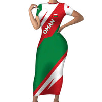 Oman Short Sleeve Bodycon Dress with National Flag Colors and Falcon Soaring Graphic Design