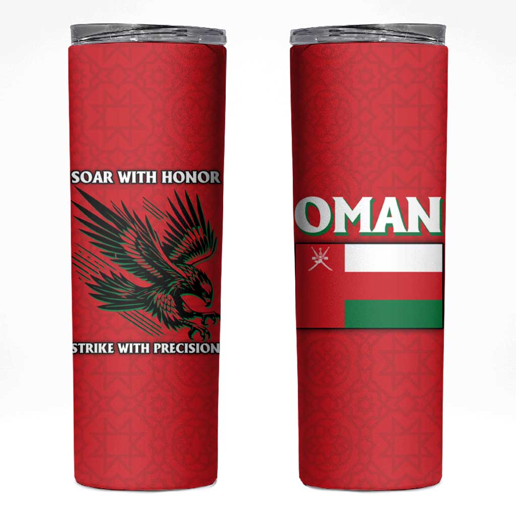 Oman Skinny Tumbler with National Flag Colors and Falcon Soaring Graphic Design