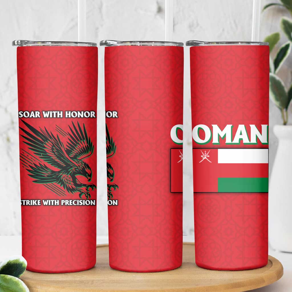 Oman Skinny Tumbler with National Flag Colors and Falcon Soaring Graphic Design