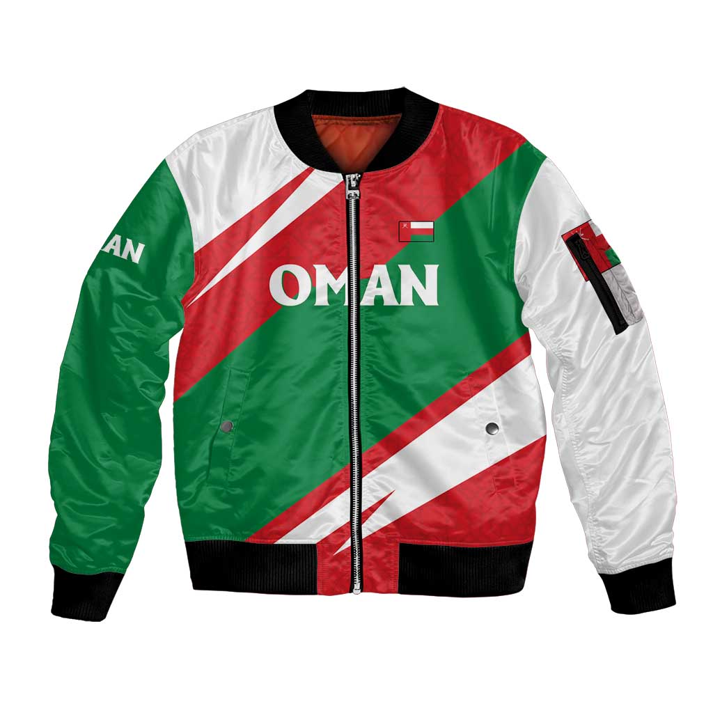 Oman Sleeve Zip Bomber Jacket with National Flag Colors and Falcon Soaring Graphic Design