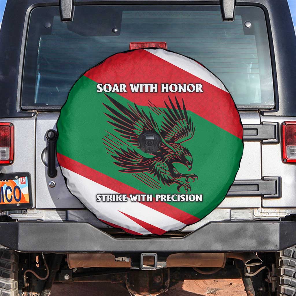 Oman Spare Tire Cover with National Flag Colors and Falcon Soaring Graphic Design