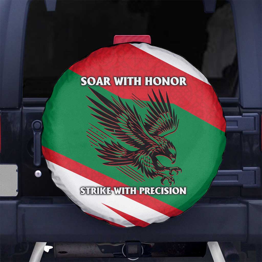 Oman Spare Tire Cover with National Flag Colors and Falcon Soaring Graphic Design