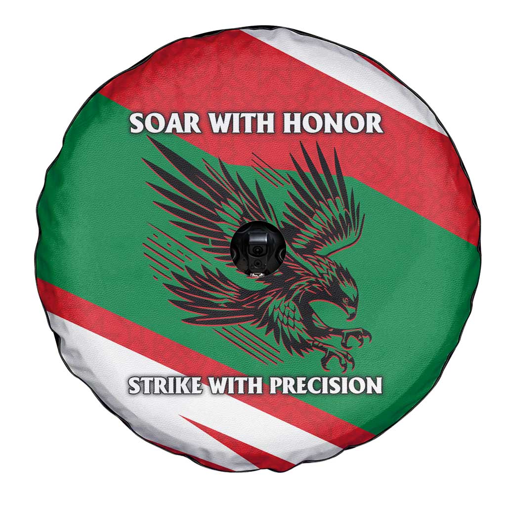 Oman Spare Tire Cover with National Flag Colors and Falcon Soaring Graphic Design