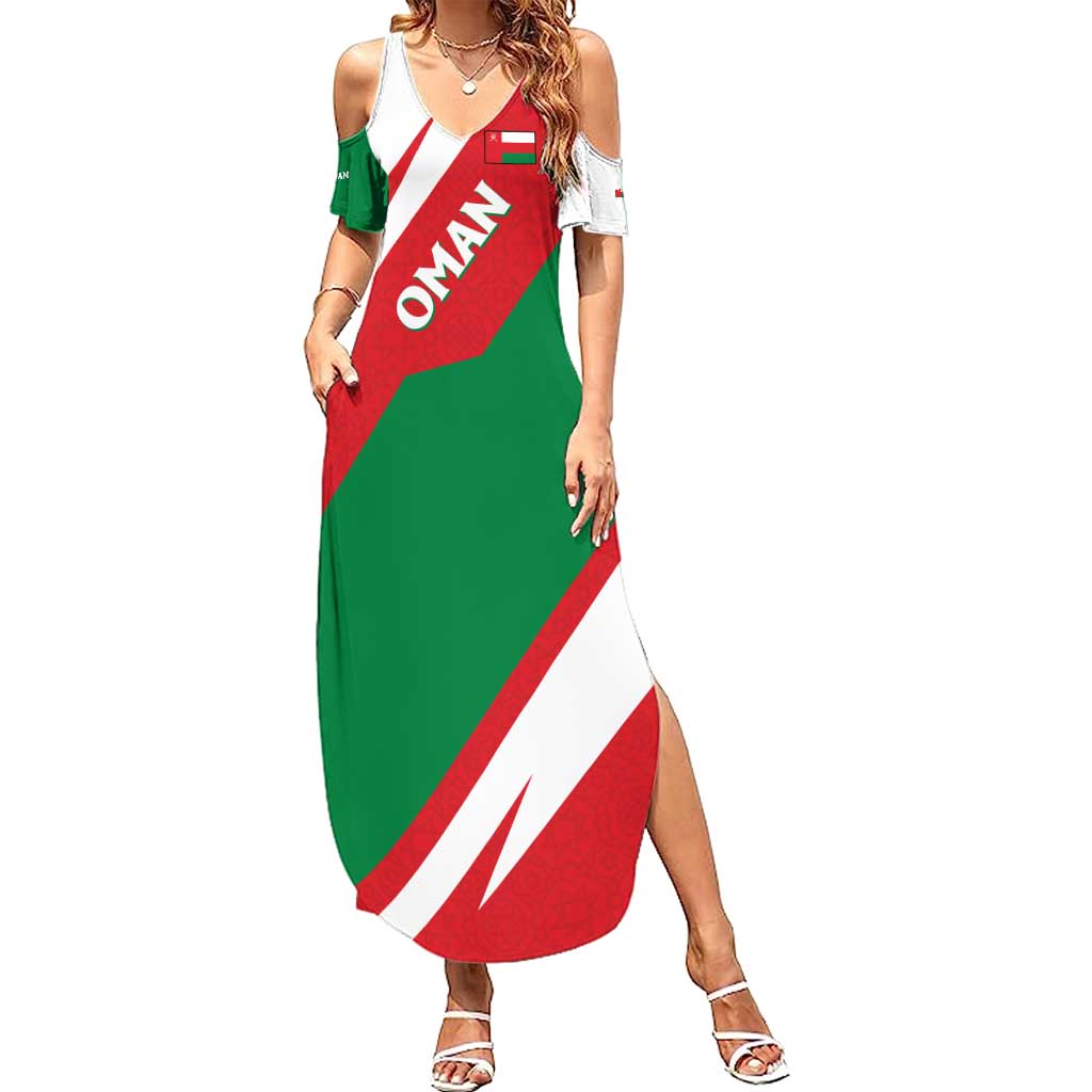 Oman Summer Maxi Dress with National Flag Colors and Falcon Soaring Graphic Design