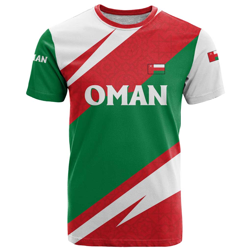 Oman T Shirt with National Flag Colors and Falcon Soaring Graphic Design
