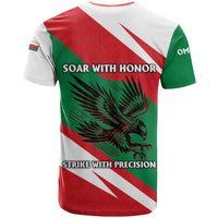 Oman T Shirt with National Flag Colors and Falcon Soaring Graphic Design