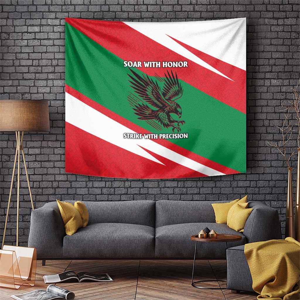 Oman Tapestry with National Flag Colors and Falcon Soaring Graphic Design