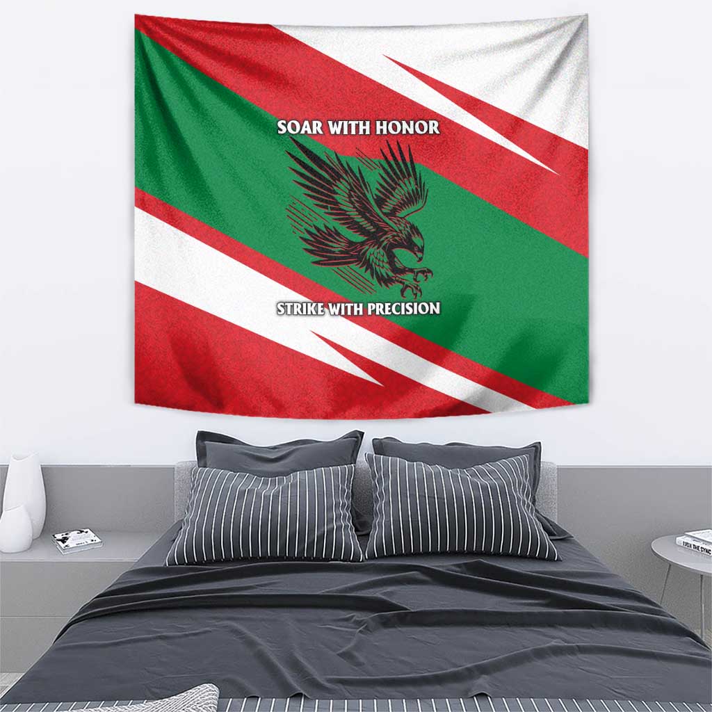 Oman Tapestry with National Flag Colors and Falcon Soaring Graphic Design