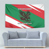 Oman Tapestry with National Flag Colors and Falcon Soaring Graphic Design