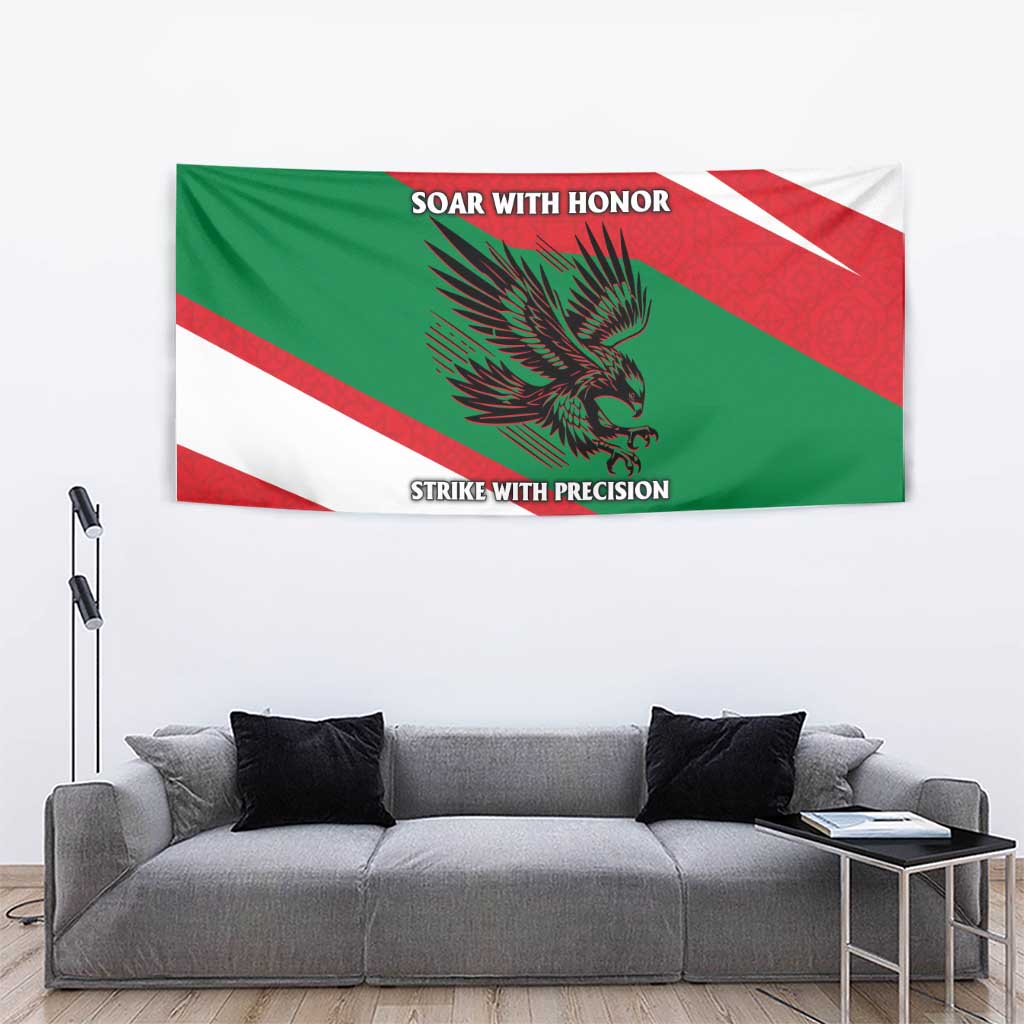 Oman Tapestry with National Flag Colors and Falcon Soaring Graphic Design