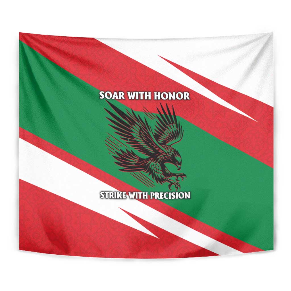 Oman Tapestry with National Flag Colors and Falcon Soaring Graphic Design