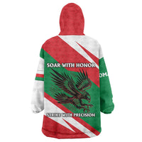Oman Wearable Blanket Hoodie with National Flag Colors and Falcon Soaring Graphic Design