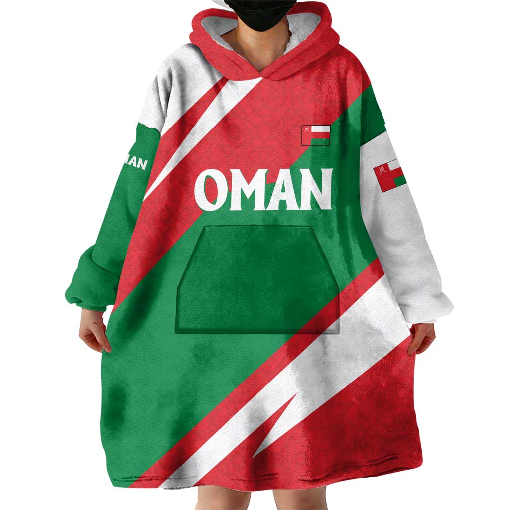 Oman Wearable Blanket Hoodie with National Flag Colors and Falcon Soaring Graphic Design