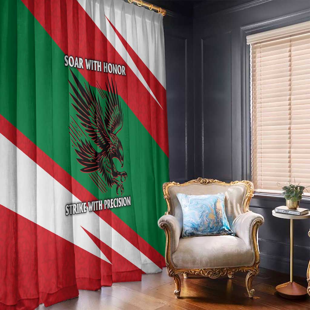Oman Window Curtain with National Flag Colors and Falcon Soaring Graphic Design