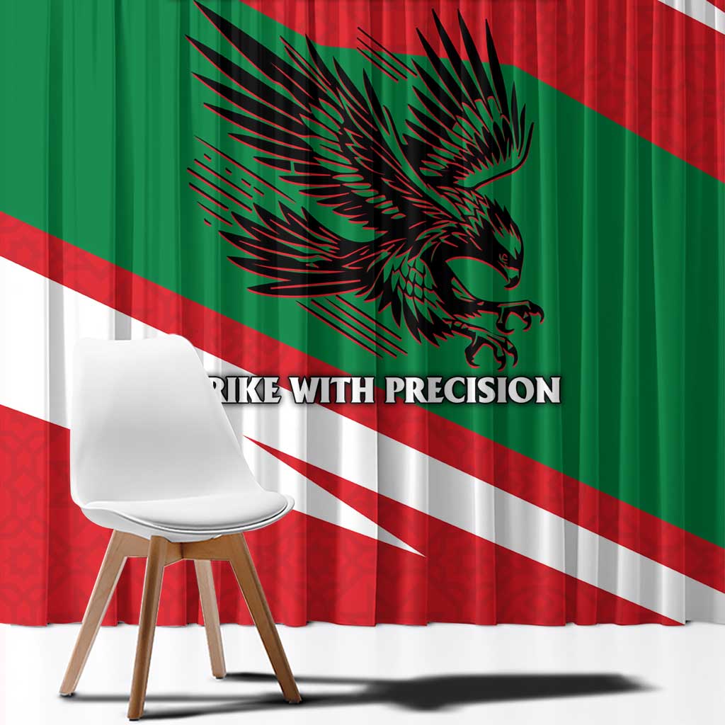 Oman Window Curtain with National Flag Colors and Falcon Soaring Graphic Design
