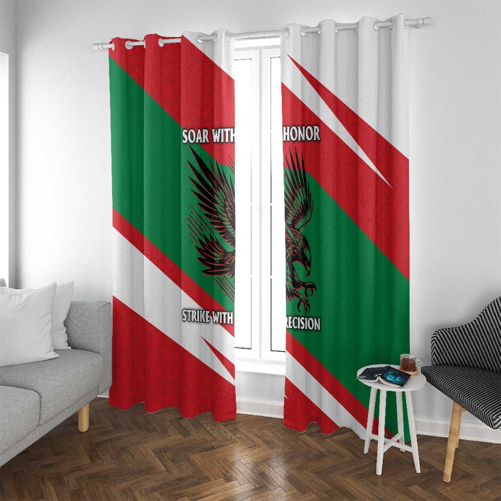 Oman Window Curtain with National Flag Colors and Falcon Soaring Graphic Design