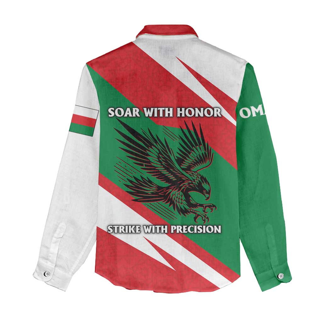 Oman Women Casual Shirt with National Flag Colors and Falcon Soaring Graphic Design