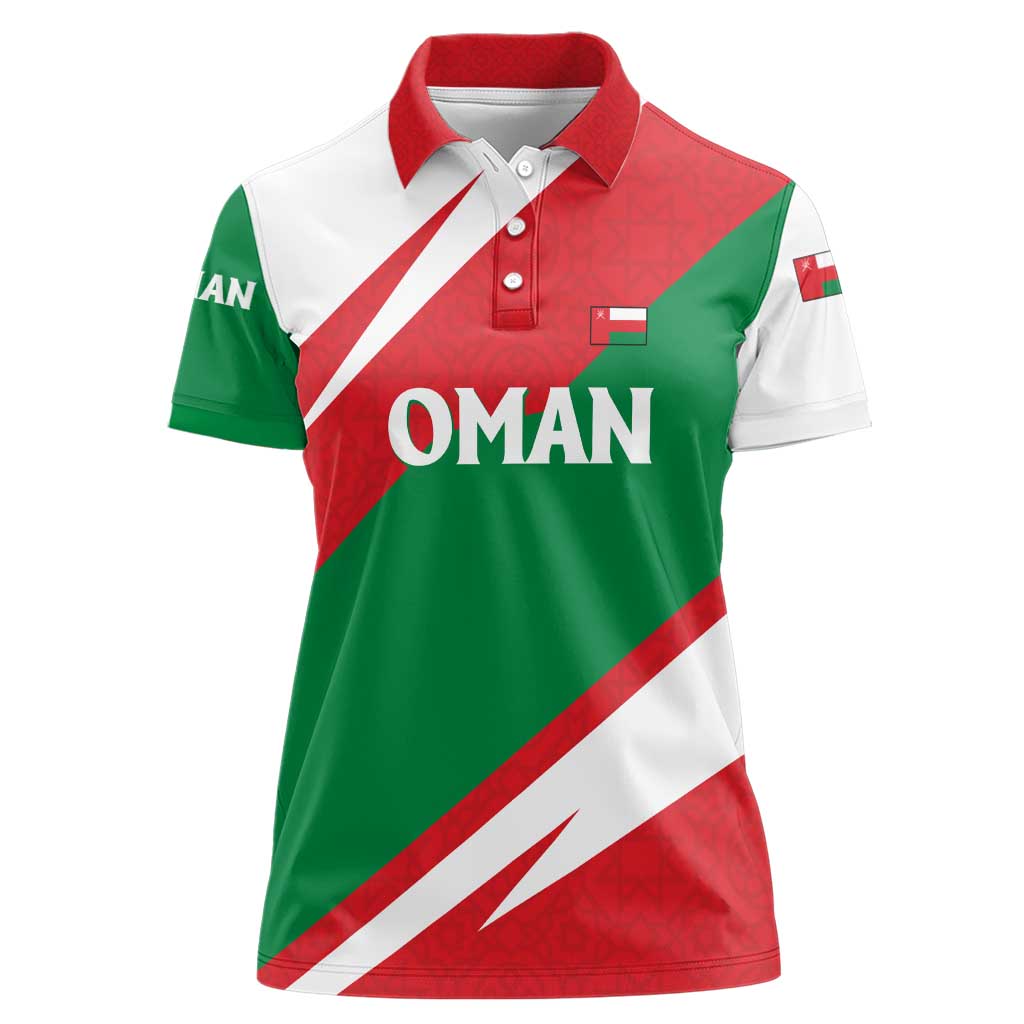 Oman Women Polo Shirt with National Flag Colors and Falcon Soaring Graphic Design